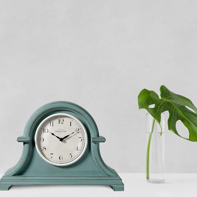 Presentime & Co. Mantel Clock Vintage Farmhouse Series, Napoleon Desk & Shelf Clock, 13 x 10 inch, Domed Lens, Quartz Movement, ABS Plastic Case, Aged Teal Finish (Home/Tabletop Decoration)
