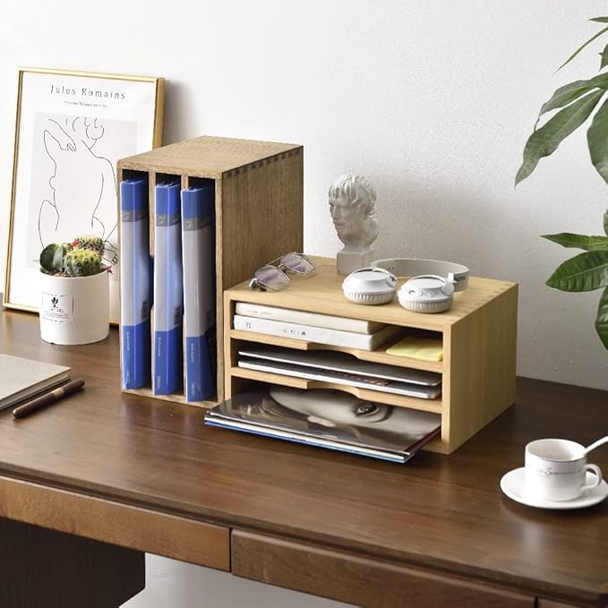 KIRIGEN Wooden Desktop Organizer Paper Storage Letter Tray File Sorter - Desk Rack Magazine File Dividers Holders for Home Office Accessories Wood Desk Cabinet with 3 Layer Trays Natural(3KWJG-NA)