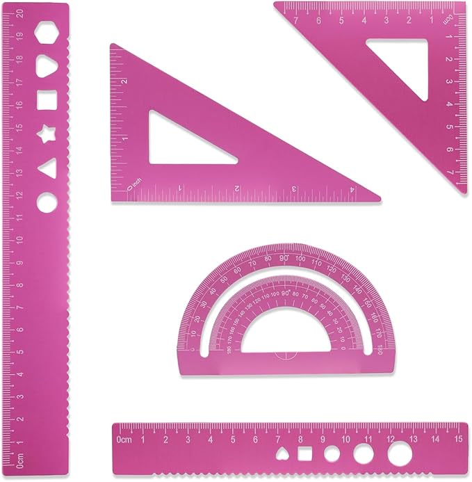 Zotemo 5 Pcs Metal Geometry Set, Math Drafting Ruler Kit- Aluminum Triangle Rulers, Protractor, 8 Inch and 6 Inch Drawing Ruler, Measuring Tool for School and Office Supplies (Light Pink)