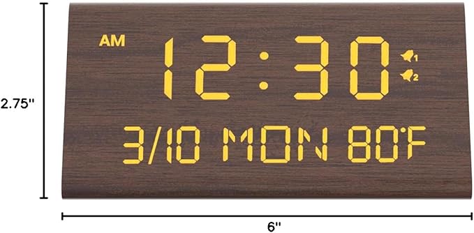 Kogonee Wooden Digital Alarm Clock, 0-100% Dimmer, 2 Alarm Settings, Weekday/Everyday Mode, 9 Mins Snooze, 12/24H, Temperature and Date Display for Office, Travel, Bedroom Alarm Clock (Brown)