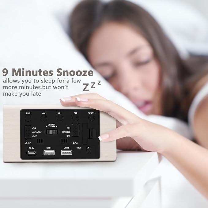 Kogonee Wooden Digital Alarm Clock, 0-100% Dimmer, 2 Alarm Settings, Weekday/Everyday Mode, 9 Mins Snooze, 12/24H, Temperature and Date Display for Office, Travel, Bedroom Alarm Clock (White)