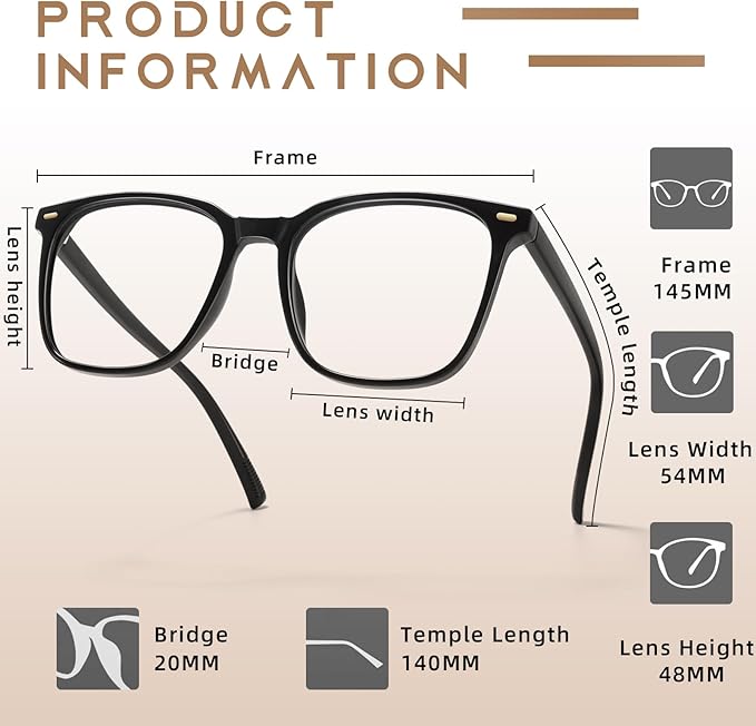 MACJERO 2-Pack Oversized Square Blue Light Blocking Glasses for Women Men, Anti-Fatigue Computer Monitor Gaming Glasses Reduce Eye Strain(Black+Clear)