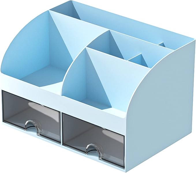 Desk Organizer with 6 Compartments and 2 Drawers, Plastic Makeup Organizer, Pen Holder for Desktop Storage, Desk Organization for School, Home, Office Supplies (Blue)