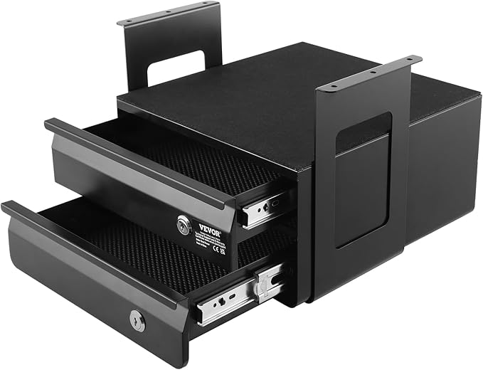 VEVOR Under Desk Double Stacked Lockable Slide Out Drawer, 13 inch Lockable Under Table Pull-out Drawer Attachment for Sit Stand Workstation, Secure Under Desk Storage Organizer, Black