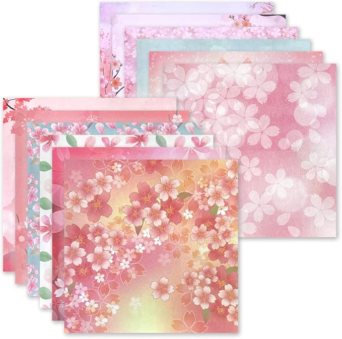 Origami 6x6 Paper Kit 50 Sheets 12 Vivid Colors Double Sided Printed Traditional Patterns Square for Arts Crafts Projects, Japanese Sakuras Flowers Chiyo