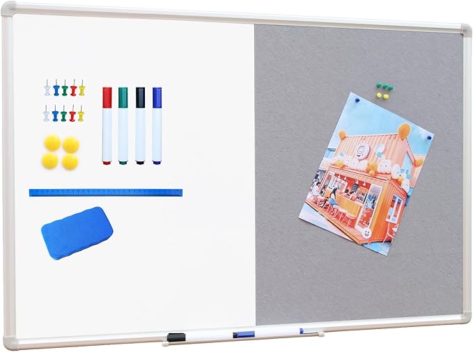 DEVELOP Grey Felt Bulletin & Magnetic Dry Erase Combo Board, 36 x 24 Inch Hanging Whiteboard/Grey Felt Bulletin Combination Board with Marker Tray, Pins, Eraser, Markers & Magnets