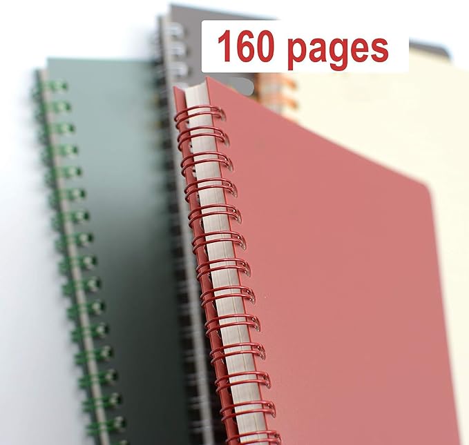 Yansanido Spiral Notebook, 4 Pcs 8.3 Inch x 5.9 Inch A5 Thick Plastic Hardcover 8mm Ruled 4 Color 80 Sheets -160 Pages Journals for Study and Notes (style 10-Wine Red,Brown,Green,ivory, A5)