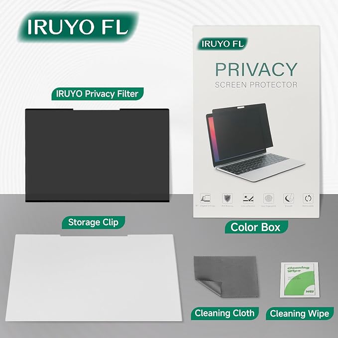 IRUYO FL Nano-Suction Laptop Privacy Screen 16 Inch 16:10, Removable Screen Privacy Shield for Laptop, Anti Glare, Anti Bule Light, Screen Protector for Lenovo HP Dell Acer Asus Thinkpad