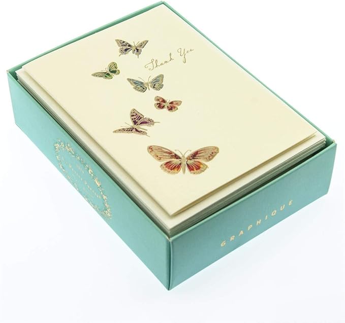 Graphique Butterflies La Petite Presse Boxed Thank You Notes - 10 Cards with Matching Envelopes and Storage Box, 3.25" x 4.75"