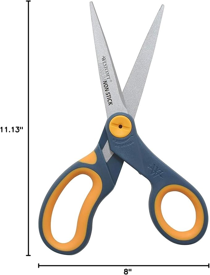 Westcott 8-Inch Titanium-Bonded Non-Stick Straight Scissors with Adjustable Glide Feature for Office and Home - Gray/Yellow, 3 Pack