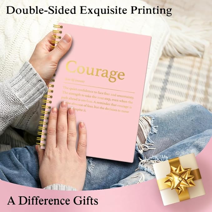 XQLZY Courage Definition Pink Gold Spiral Notebook, Resignation Retirement Promotion Inspirational Gifts for Woman Coworker Boss Friend, Positive Affirmation Gifts for Office Worker Colleague