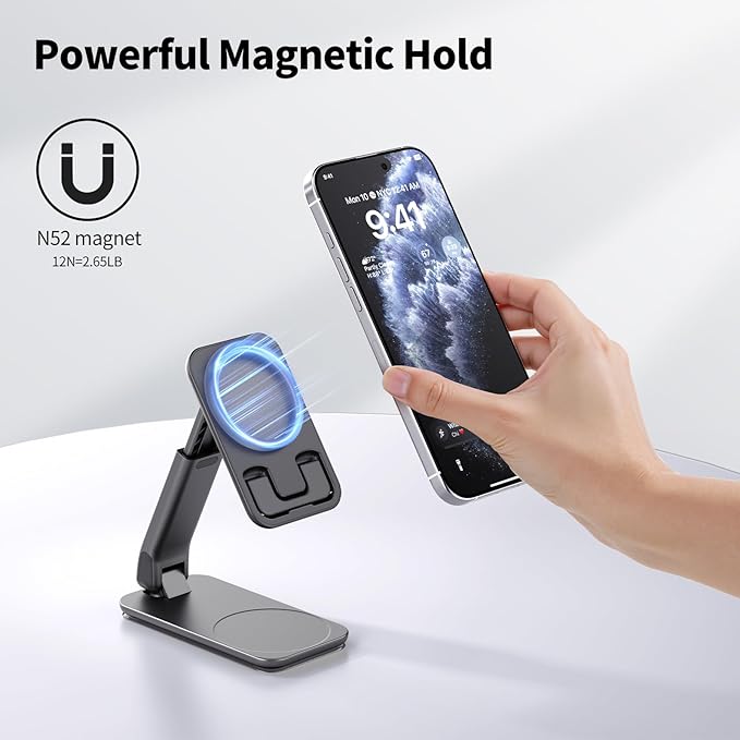 iWALK Magnetic Cell Phone Stand for Desk, Angle and Height Adjustable Mobile Phone Holder, Foldable Magnet Stand for iPhone 17 16 15 14 13 12 Pro Max and iPad, Cell Phone Holder for Samsung, Black
