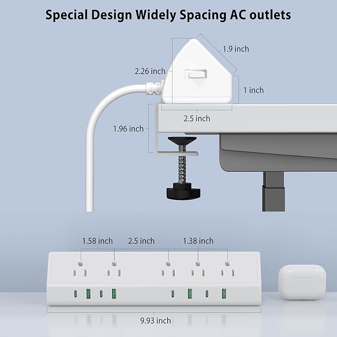 45W Fast Charging Station,Desk Clamp Power Strip,4 PD USB-C Ports,5 AC Outlets,Surge Protector Power Strip, 14AWG Heavy Duty Cord, Fits 1.9" Tabletop Edge (White, 15 FT Cable)