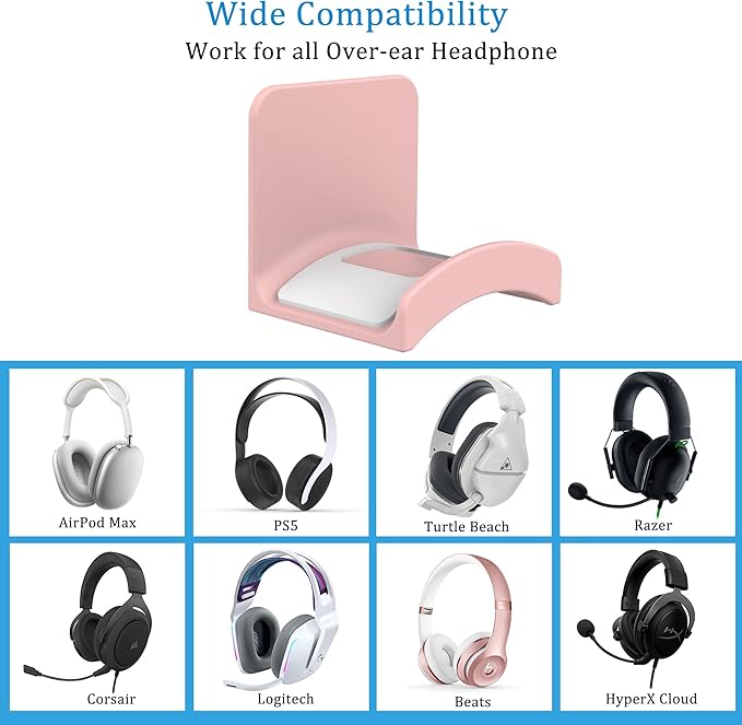 SOKUSIN Headphone Stand Headset Holder - Adhesive Gaming Earphones Hanger, Universal Desk Wall Mount Hook for All Headphone/Controller, Compatible with Beats, AirPods Max,Sony, JBL (Pink-2Pack)