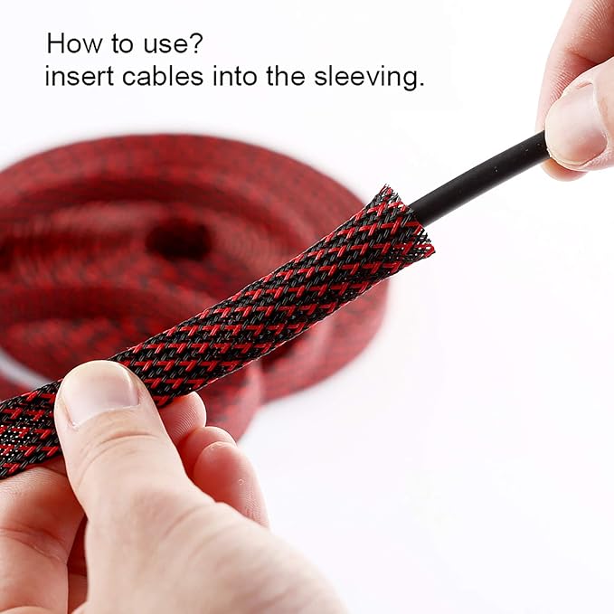 100ft - 3/4 inch PET Expandable Braided Sleeving – BlackRed – Alex Tech Braided Cable Sleeve