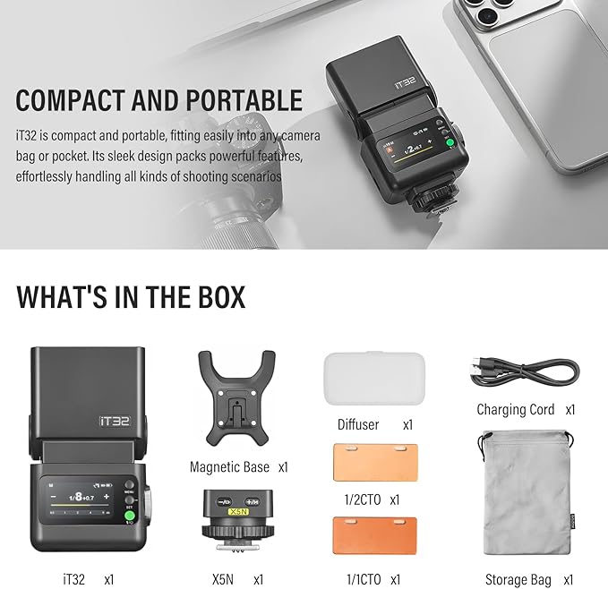 Godox IT32 TTL Camera Flash for Nikon with X5N Trigger & Diffuser kit,Magnetic Hotshoe & Trigger 2-in-1,2.4G Wireless,HSS 1/8000s,GN18,LED Modeling Lamp,Colorful Touch Screen,Rotatable Flash Head