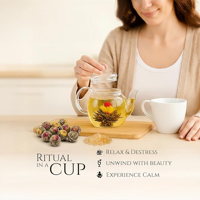 Tea Bunch Blooming Flower Tea Set – 12 Hand-Tied Organic Green Tea Balls with 12 Packs of Rock Sugar, Gift-Ready Packaging, Calming Floral Tea for Wellness & Relaxation (Glass Teapot Not Included)