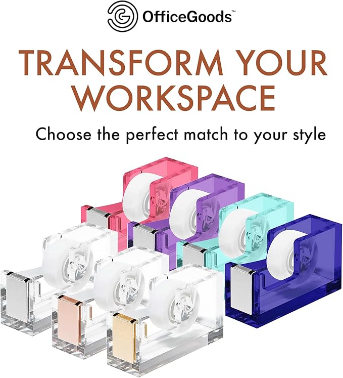 OfficeGoods Acrylic Tape Dispenser – Modern Desk Organizer for Office Supplies – Heavy Duty Refillable Tape Holder for Home and School Crafting – Stylish Desktop Accessory for Gift Wrapping, Rose Gold