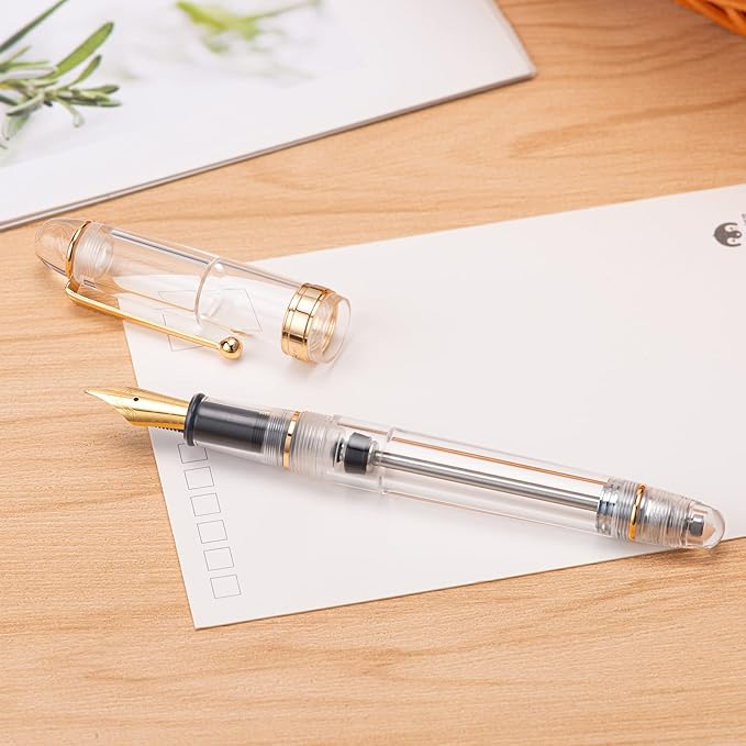 Asvine V126 Vacuum Filling Fountain Pen Medium Nib, Transparent Clear Acrylic, Large-Capacity with Gift Case