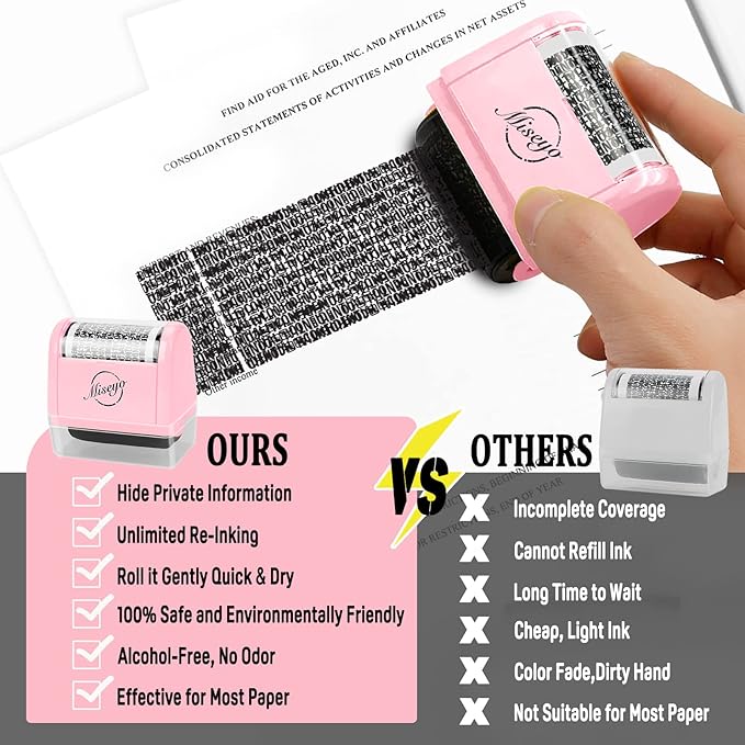 Miseyo Wide Identity Theft Protection Roller Stamp Set - Pink (3 Refill Ink Included)
