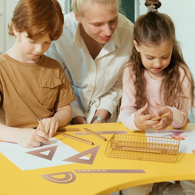 Zotemo 5 Pcs Metal Geometry Set, Math Drafting Ruler Kit- Aluminum Triangle Rulers, Protractor, 8 Inch and 6 Inch Drawing Ruler, Measuring Tool for School and Office (Metric and Inch, Gold)