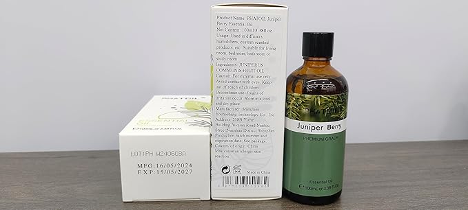 Juniper Berry 3.38fl.oz Essential Oil, PHATOIL Pure Aromatherapy Oils for Diffuser, Humidifier, Perfect for DIY Soap, Candle, Bath Bombs Making(100ml)