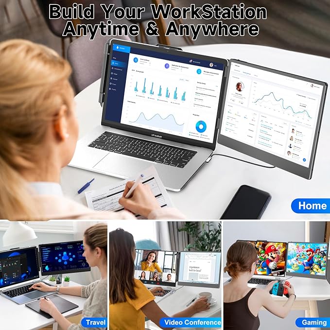KEFEYA Laptop Screen Extender, 14" Portable Monitor for Laptops 13-17", 1080P FHD IPS Monitor Extender for Laptop with USB-C/HDMI Port, Plug n Play for Windows/Chrome/Mac/Switch/PS5