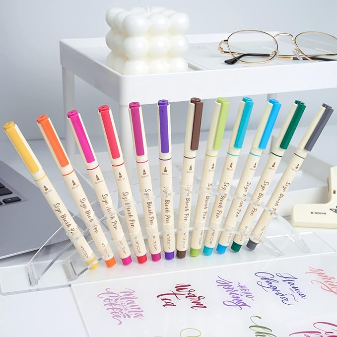 WRITECH Arts Sign Brush Pen Brush Tip Marker Felt Tip Water Based Ink Color Pens 12 Assorted Vintage Colors Great for Lettering Journaling Calligraphy (Vintage)
