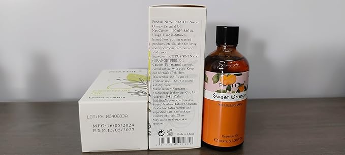 Sweet Orange 3.38fl.oz Essential Oil, PHATOIL Aromatherapy Essential Oils for Diffuser, Humidifier, Perfect for DIY Soap, Candle, Bath Bombs Making(100ml)
