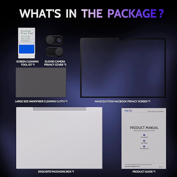 Peslv Privacy Screen for MacBook Air 13.6/13 Inch (2022-2025, M2, M3, M4) - A2681, A3113, A3240 MagicSuction™ Removable Anti Spy Black Protector, Glare Blue Light Filter for Mac Laptop Computer