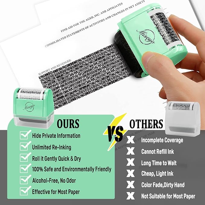 Miseyo Wide Identity Theft Protection Roller Stamp Set - Mint Green (3 Refill Ink Included)