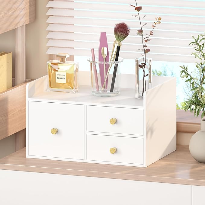 Bamboo Desk Organizer with Drawers Wooden Desktop Storage Drawers for Bills Office Supplies Kitchen Utensils Organizing Tool for Home Classroom Organization No Assembly (3 Drawer, White)