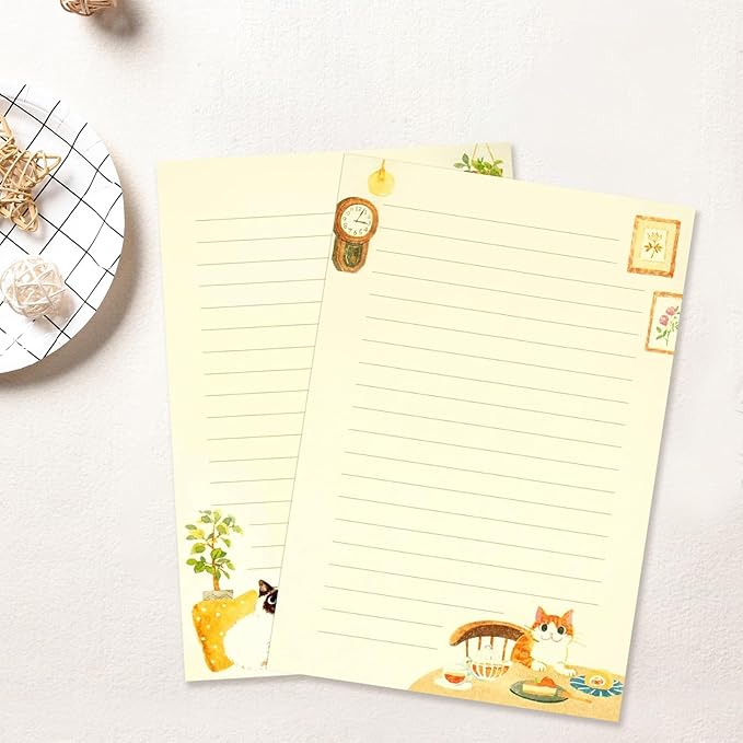 37 Pcs Stationery Paper Envelopes Set Includes 24 Lined Writing Paper & 12 Envelopes with 48 Colorful Round Dot Stickers, Cute Vintage Cat Letter Writing and Stationery Paper Envelopes(4Style)