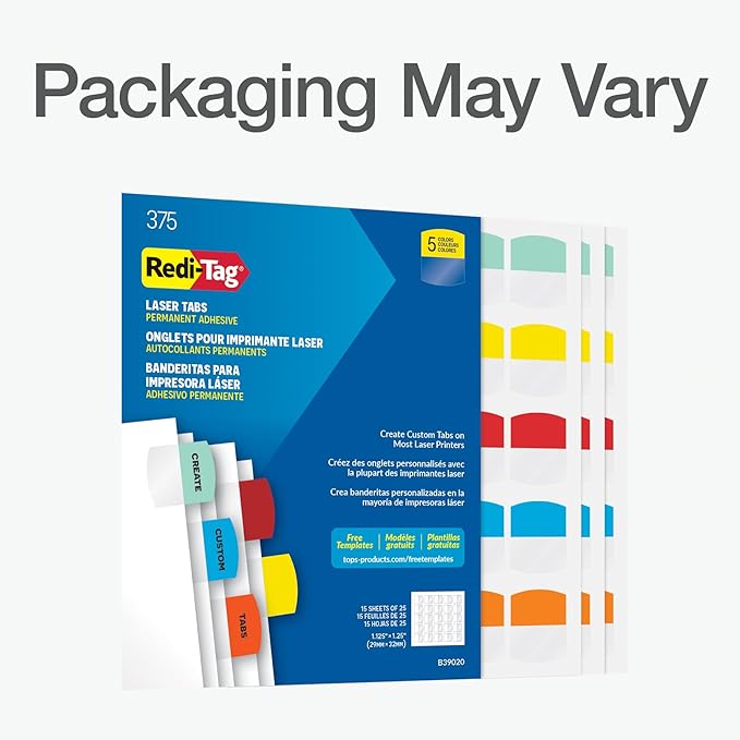 Redi-Tag Laser Printable Tabs, Permanent Index Tabs, Customizable Adhesive Labels, 5 Assorted Colors: Yellow, Red, Blue, Green, Orange, 1.125" x 1.25", 375 Per Pack (B39020)