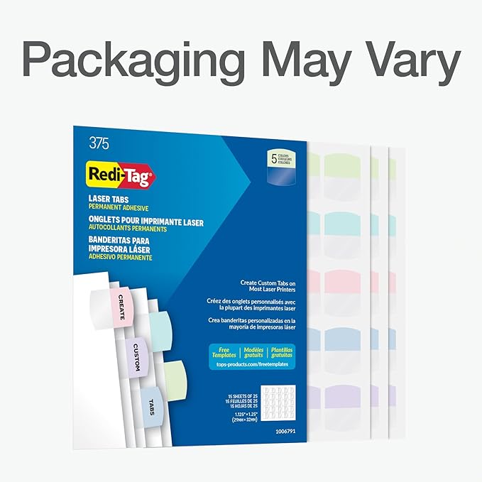 Redi-Tag Laser Printable Tabs, Permanent Index Tabs, Customizable Adhesive Labels, Assorted Pastel Colors, 1.125" x 1.25", 375 Per Pack (1006791)