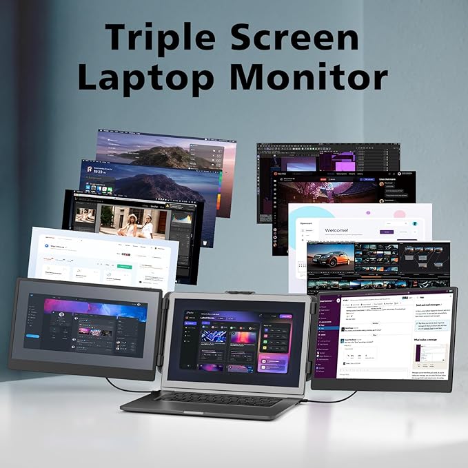 ROYY Laptop Screen Extender Triple Monitor - 14" 1080P Portable Monitor FHD Attachment Extra Screen Compatible with Windows Mac Dex Chrome Travel Work Fits 13-17" Laptops