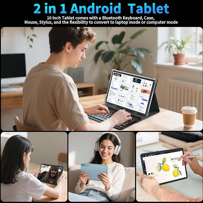 2026 10 Inch Tablet, Android 15 Tablet with Keyboard, 24GB+256GB+2TB Expand, 2-in-1 Tablets with 8-Core, 5G WiFi, 8000mAh, BT5.0, GMS, GPS, Gemini AI, Tablets PC with Mouse, Case, Stylus (Green)
