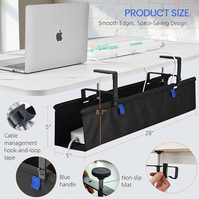 28" Under Desk Cable Management Tray- Clamp/Screw Mount Desk Cable Organizer Cable Tray Hiders for Office&Home
