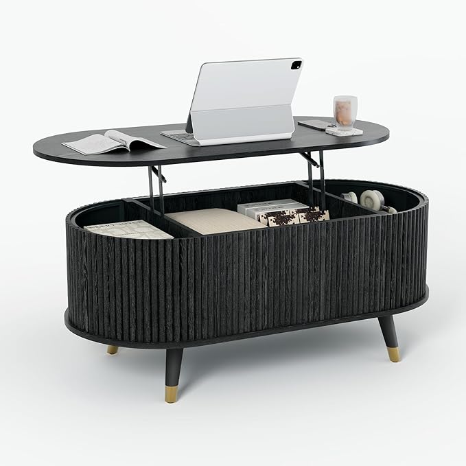 JOINICE 42.5" Oval Lift Top Coffee Table with Storage, Mid Century Modern Black Center Table with Fluted Panel, Solid Wood Legs & Hidden Compartment for Living Room