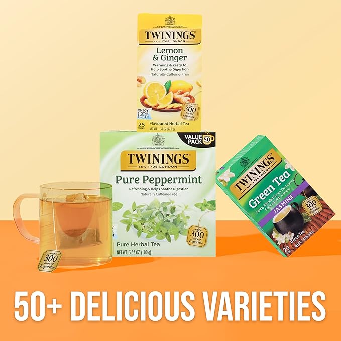 Twinings Lemon & Ginger Herbal Tea Individually Wrapped Bags, 25 Count (Pack of 6), Spicy Ginger, Lemon Peel, & Lemongrass, Naturally Caffeine-Free, Enjoy Hot or Iced, 150 Teabags