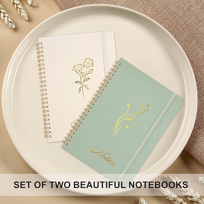 Joyberg Aesthetic Spiral Notebook, 2PCS Cute Notebook, 8.3" x 6" Notebook For Women, A5 Spiral Journal Notebook for Office/School/Home (Green & Beige)
