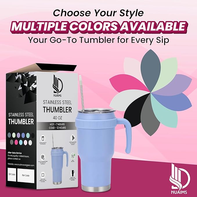 40 Oz Tumbler with Handle & Straw Lid, Insulated Stainless Steel Vacuum Flask, Double Wall Thermal Car Cup for Hot & Cold Drinks, Leak Proof, BPA Free