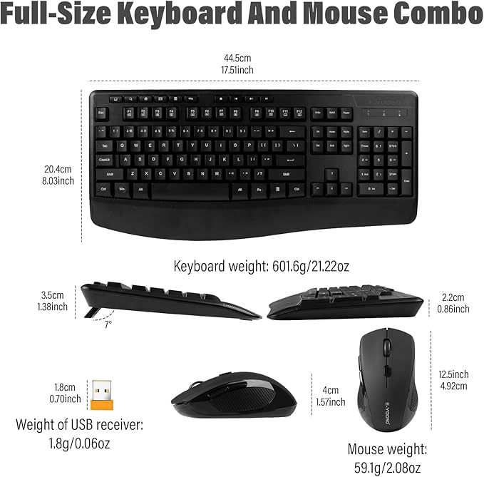 E-YOOSO Wireless Keyboard and Mouse Combo,Silent Soft Touch Quiet Keyboard Less Noise 90%,Ergonomic with Wrist Rest,2.4GHz 104 Keys Full Size,2400 DPI Mouse,for PC Computer/Laptop/Mac Air/Mini/Pro