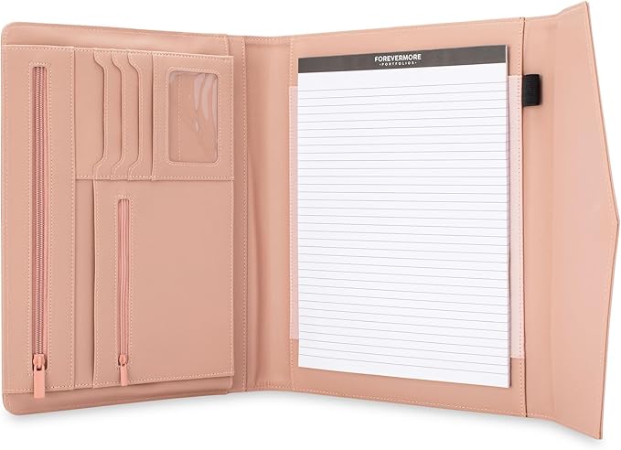 FOREVERMORE PORTFOLIOS Padfolio Binder Organizer for Women | Faux Leather Portfolio Folder for Resume, Documents, Notebook, Tablet and Business Cards | Notepad Included - Pink