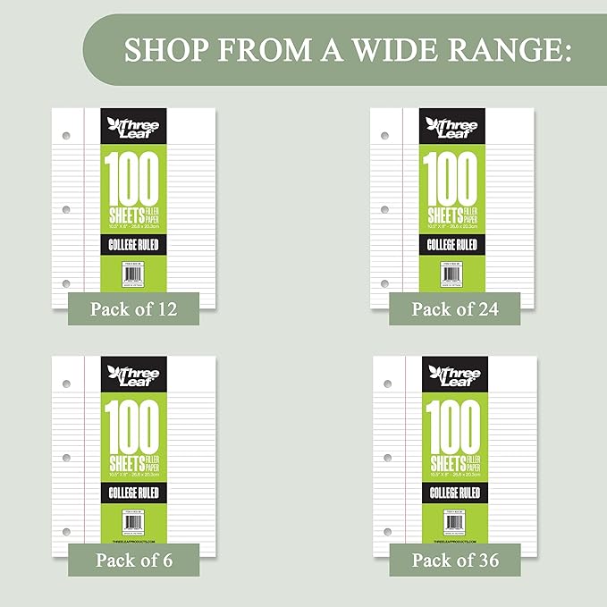THREE LEAF 100 SHEETS COLLEGE RULED FILLER PAPER, PACK OF 36, LOOSE-LEAF SHEETS FOR SCHOOL AND OFFICE 100 CT. FILLER PAPER, NOTEBOOK PAPER