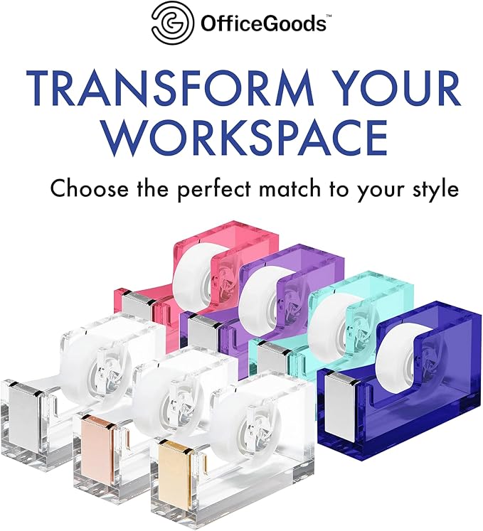 OfficeGoods Acrylic Tape Dispenser – Modern Desk Organizer for Office Supplies – Heavy Duty Refillable Tape Holder for Home and School Crafting – Stylish Desktop Accessory for Gift Wrapping, Blue