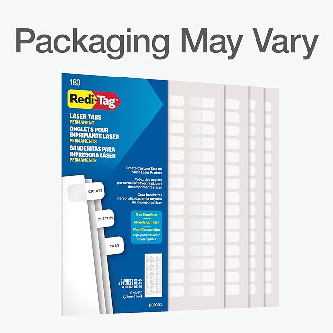 Redi-Tag Laser Index Tabs, Divider Tabs, Permanent Adhesive Index Labels, Customizable Divider Labels, 7/16" x 1", White, 180 Tabs, (B33001)