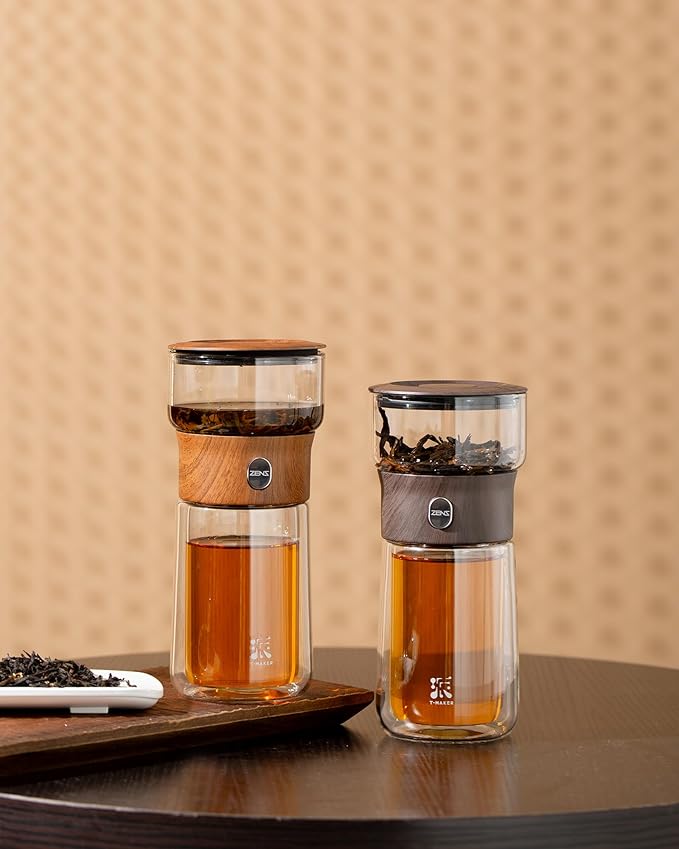 ZENS Modern Glass Infuser Teapot, One Touch Tea Maker for Loose Leaf Tea with Insulated Mug and Portable Case. Enchanted Pot Alternatives for Tea Lover Gifts
