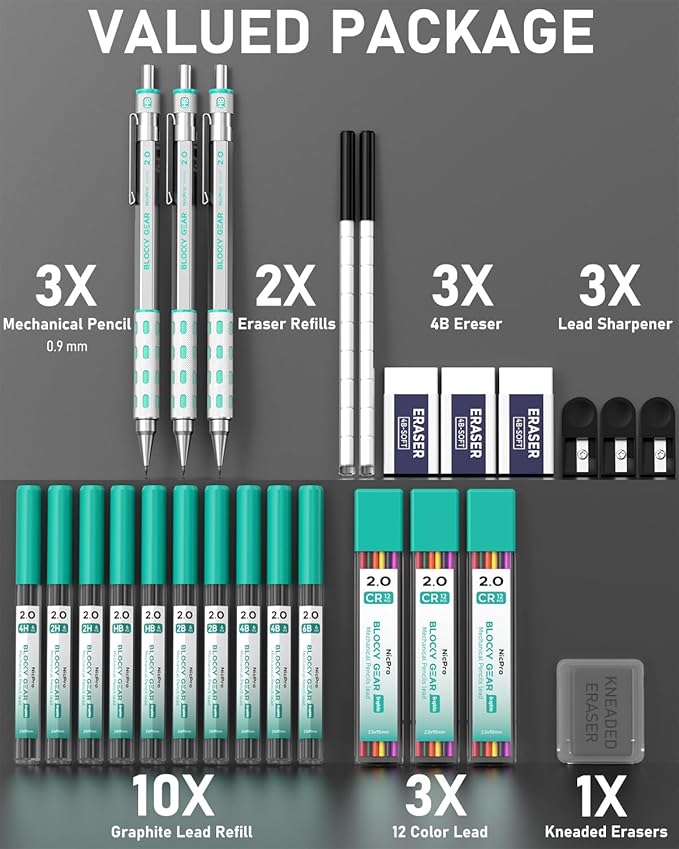 Nicpro 3 Pack Blocky Gear 2.0 mm Metal Mechanical Pencils Set with Case, Drafting Pencil with 13 Tubes 2mm Lead Refills (HB 2B 2H 4B 4H 6B & Colors), Erasers for Carpenter Writing Drawing