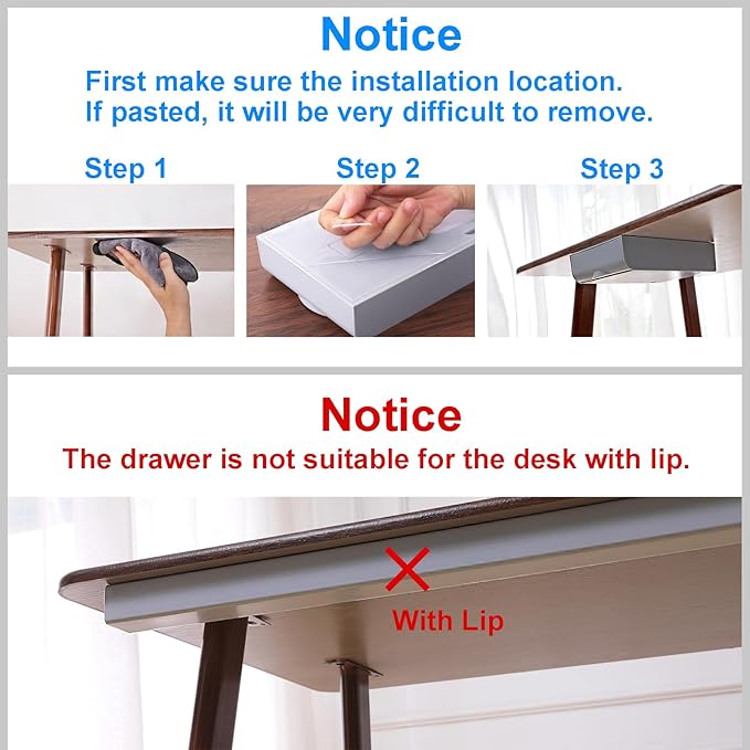 LuluEasy 2 Pack Under Desk Drawer Self-Adhesive Desktop Storage Organizer, Hidden Attachable Slide Out Desk Drawer, Under Table Tray for Pencil Pen Stationery Office Organization, Gray